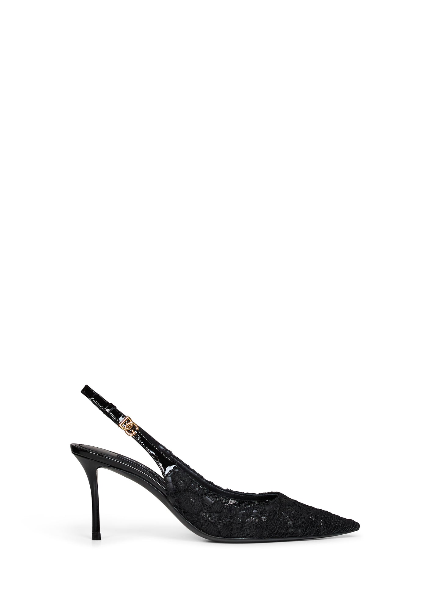 Black Taormina lace and patent leather slingback pumps