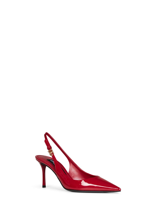 Red patent leather slingback pumps