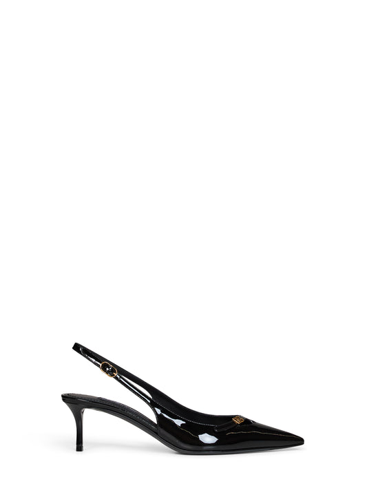 Black patent leather slingback pumps with DG logo
