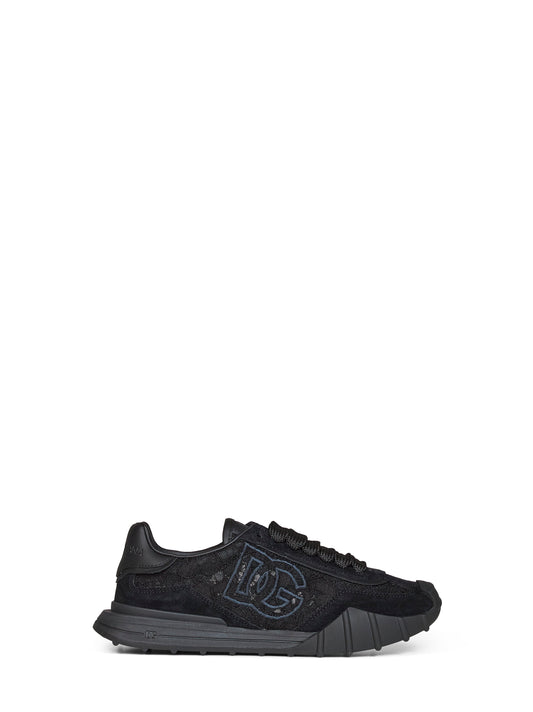 Black lace and calf suede low-top sneakers