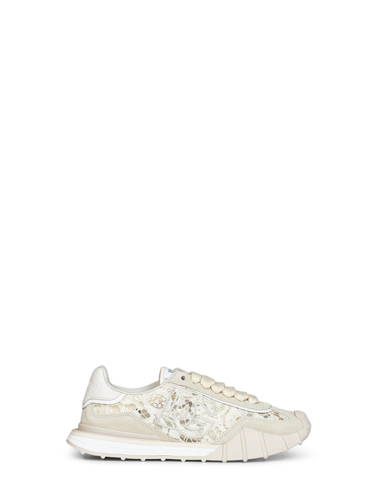 Beige and chalk lace and calf suede low-top sneakers