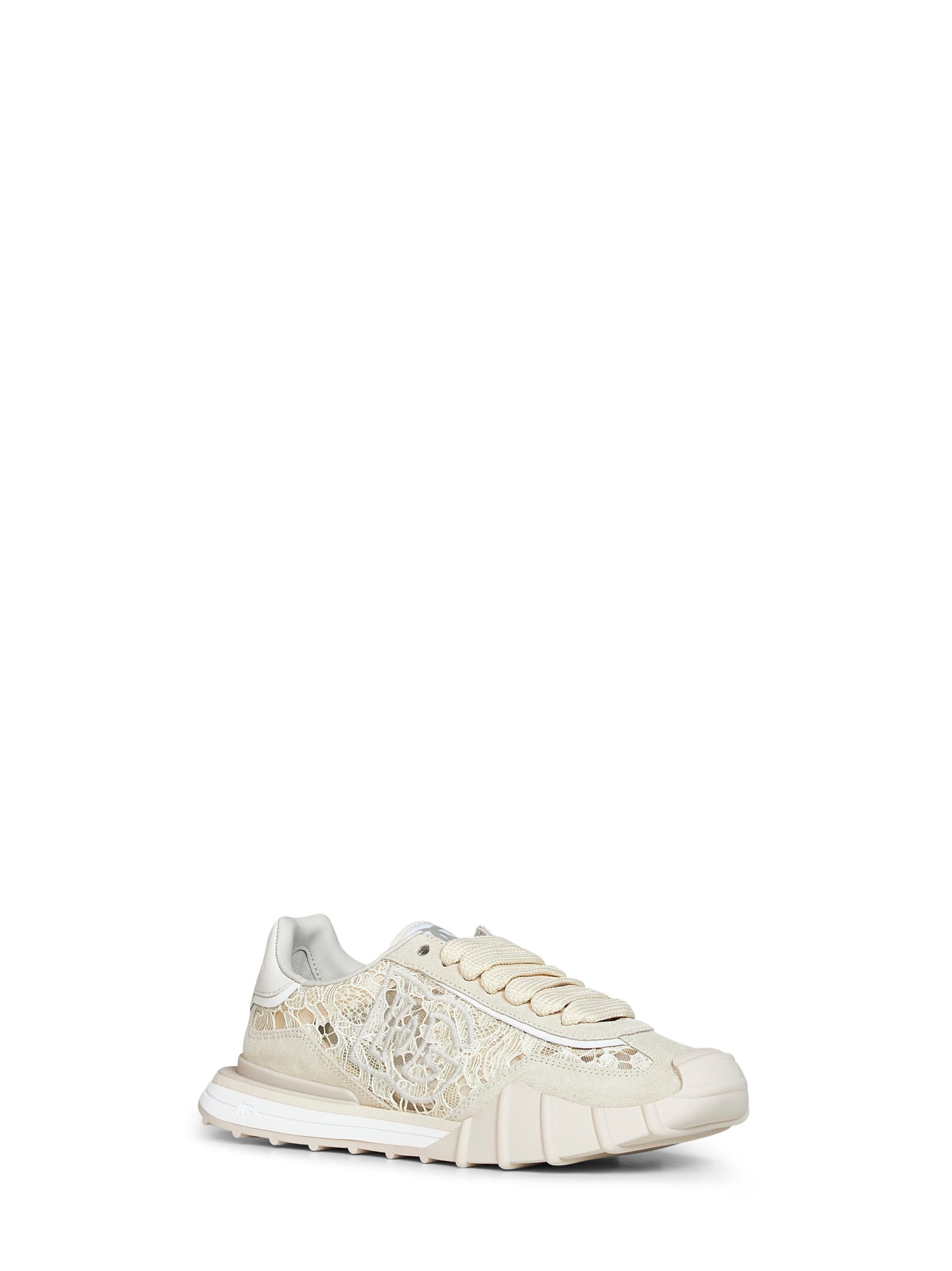 Beige and chalk lace and calf suede low-top sneakers