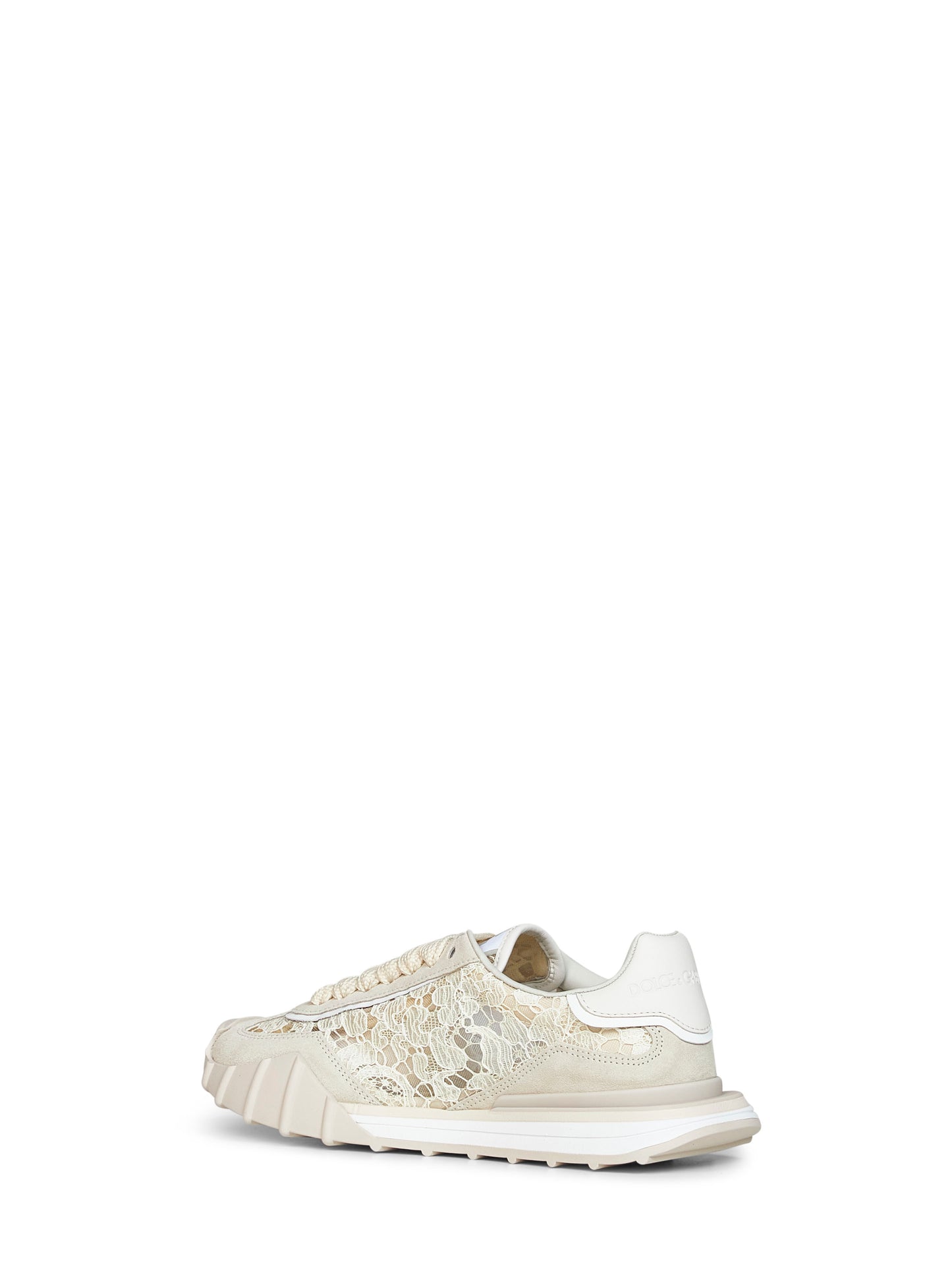 Beige and chalk lace and calf suede low-top sneakers