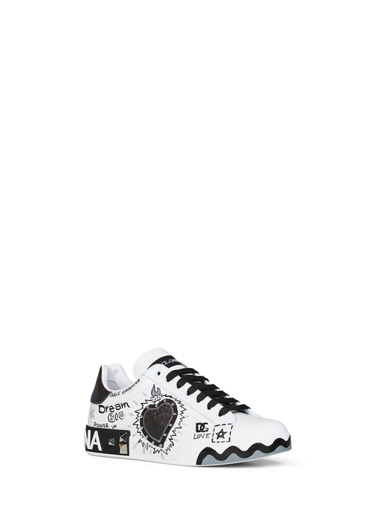 White hand-painted leather Portofino low-top sneakers