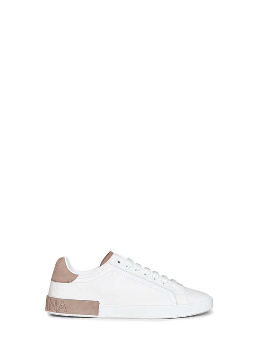 Sneakers basse Portofino in vitello nappato e nabuk bianco e tortora