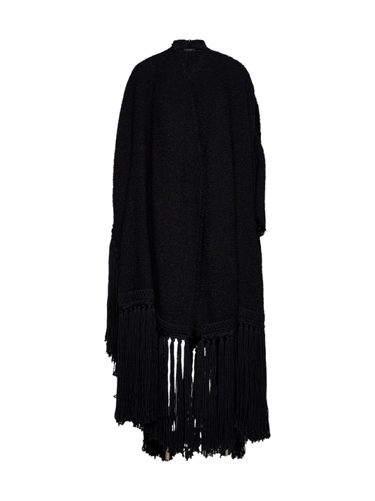 Black wool blend bouclé long cape with fringes