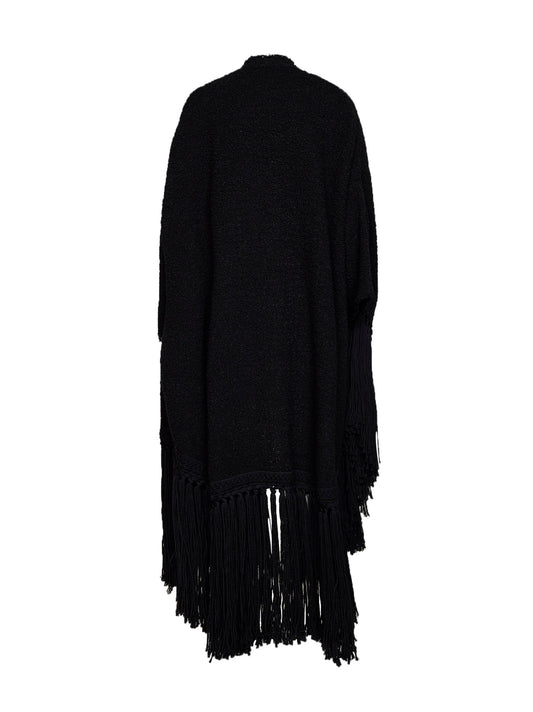 Black wool blend bouclé long cape with fringes