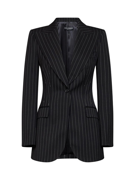 Black stretch pinstriped wool Turlington single-breasted jacket