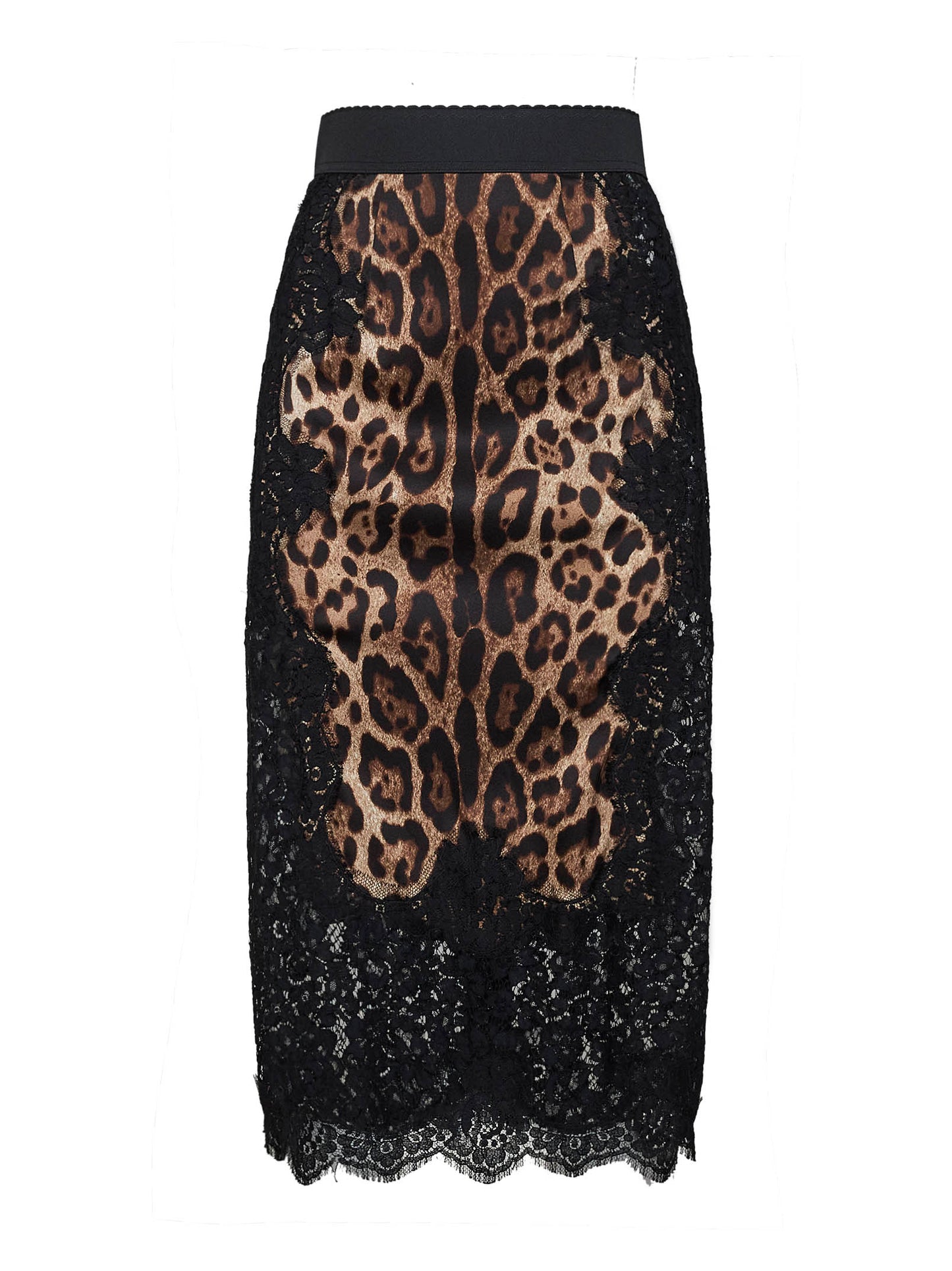Leopard-print satin and lace pencil midi skirt