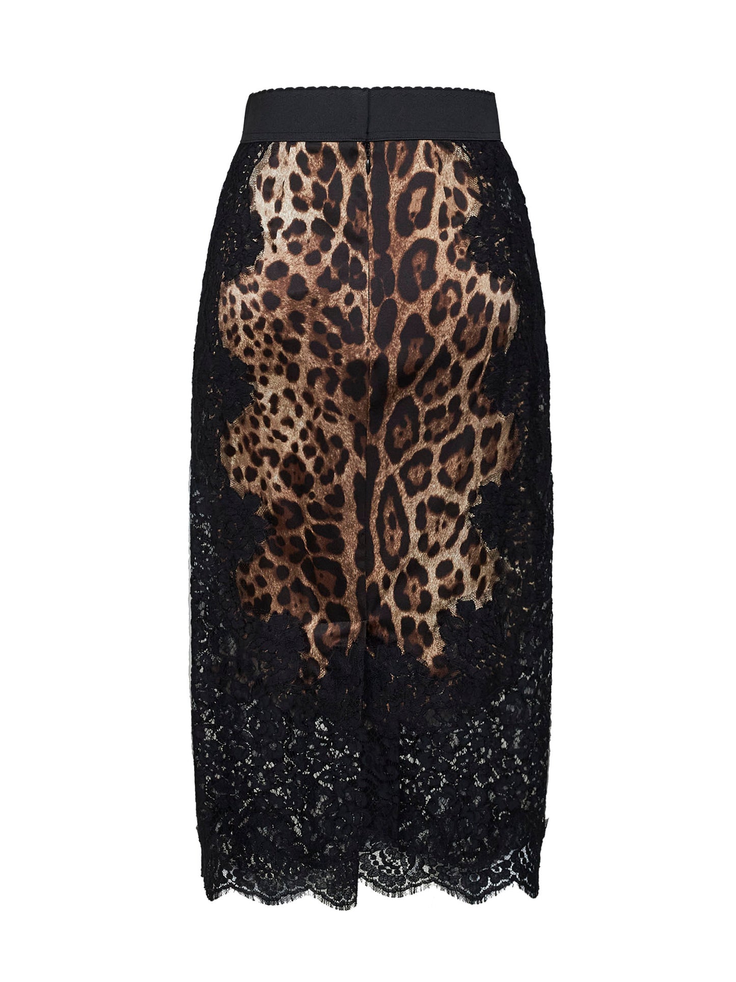 Leopard-print satin and lace pencil midi skirt