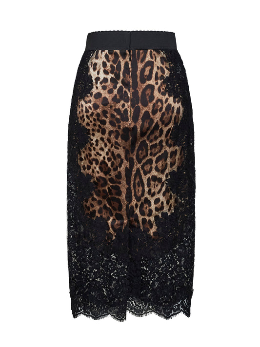 Leopard-print satin and lace pencil midi skirt