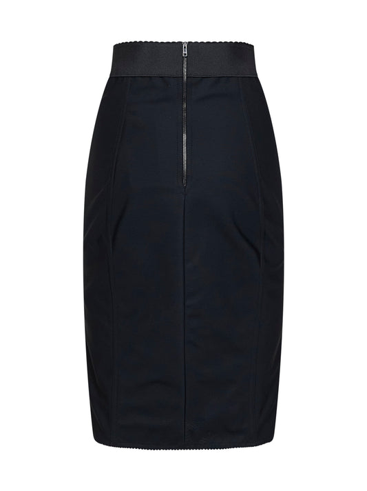 Black satin and lace pencil midi skirt