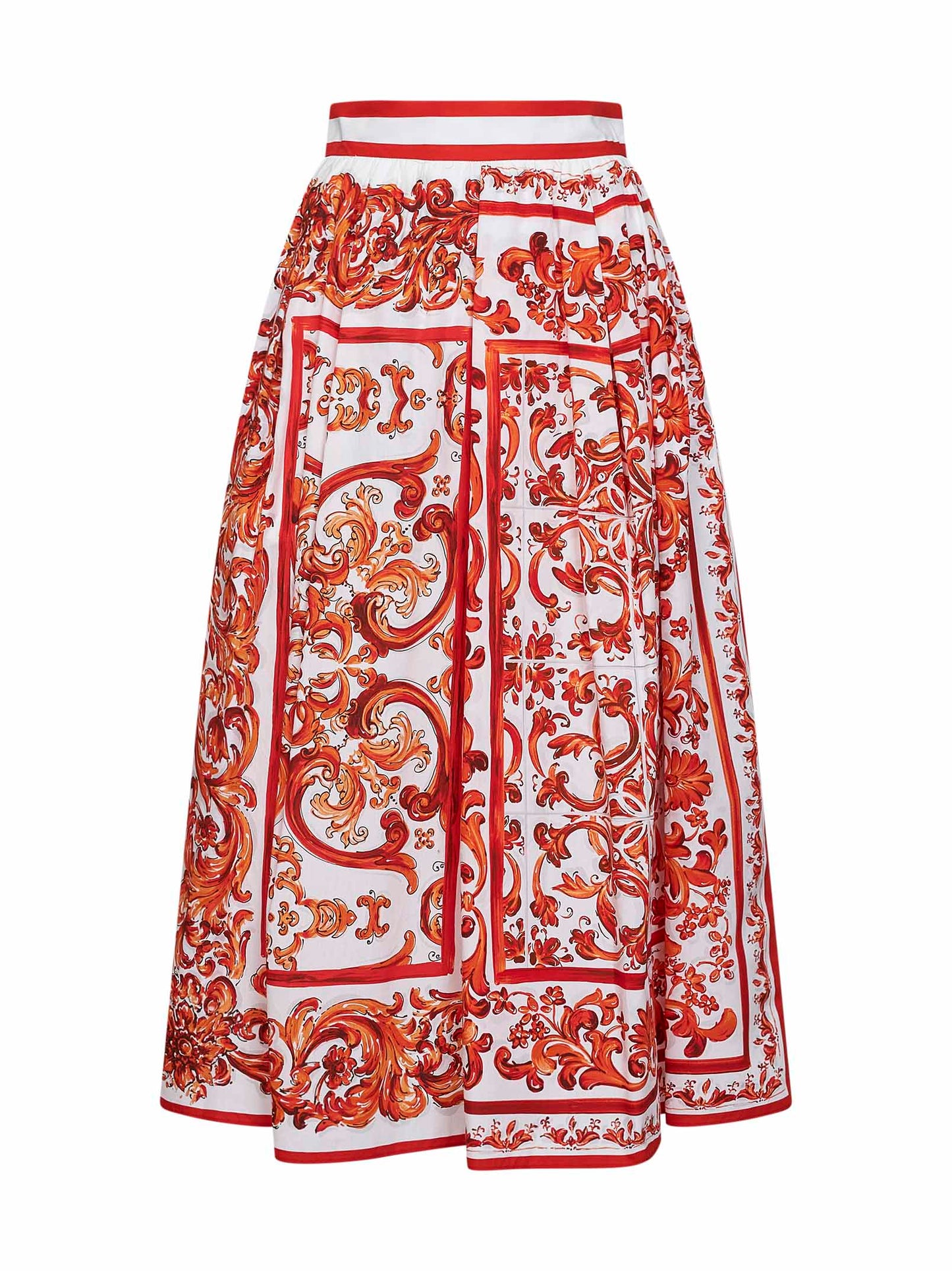Orange Maiolica-print pleated poplin midi skirt