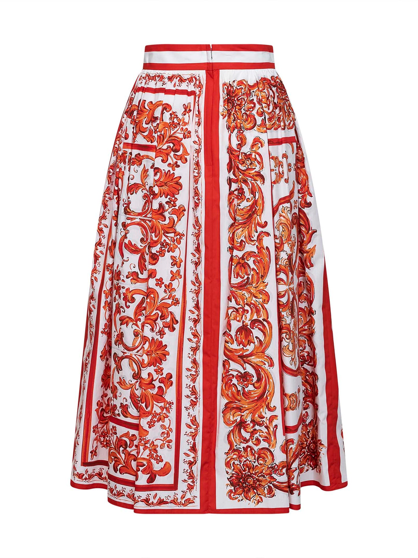 Orange Maiolica-print pleated poplin midi skirt
