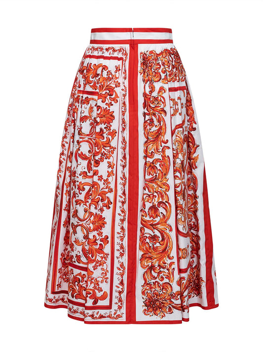 Orange Maiolica-print pleated poplin midi skirt