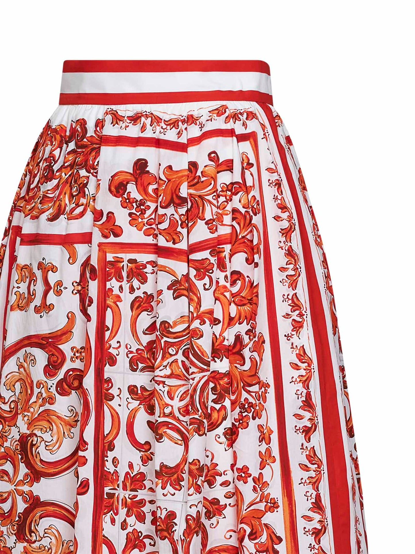 Orange Maiolica-print pleated poplin midi skirt