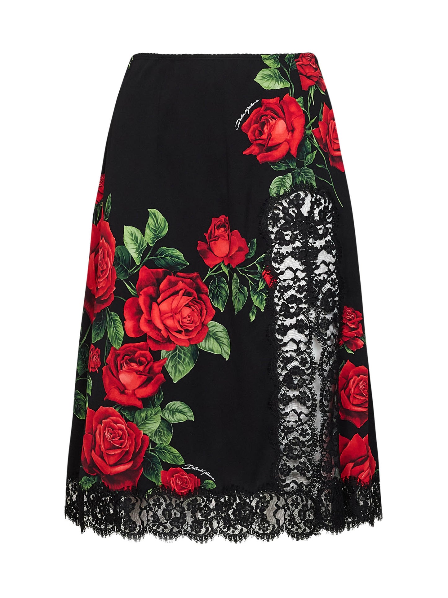 Black Rose-print silk-blend and black flared midi skirt