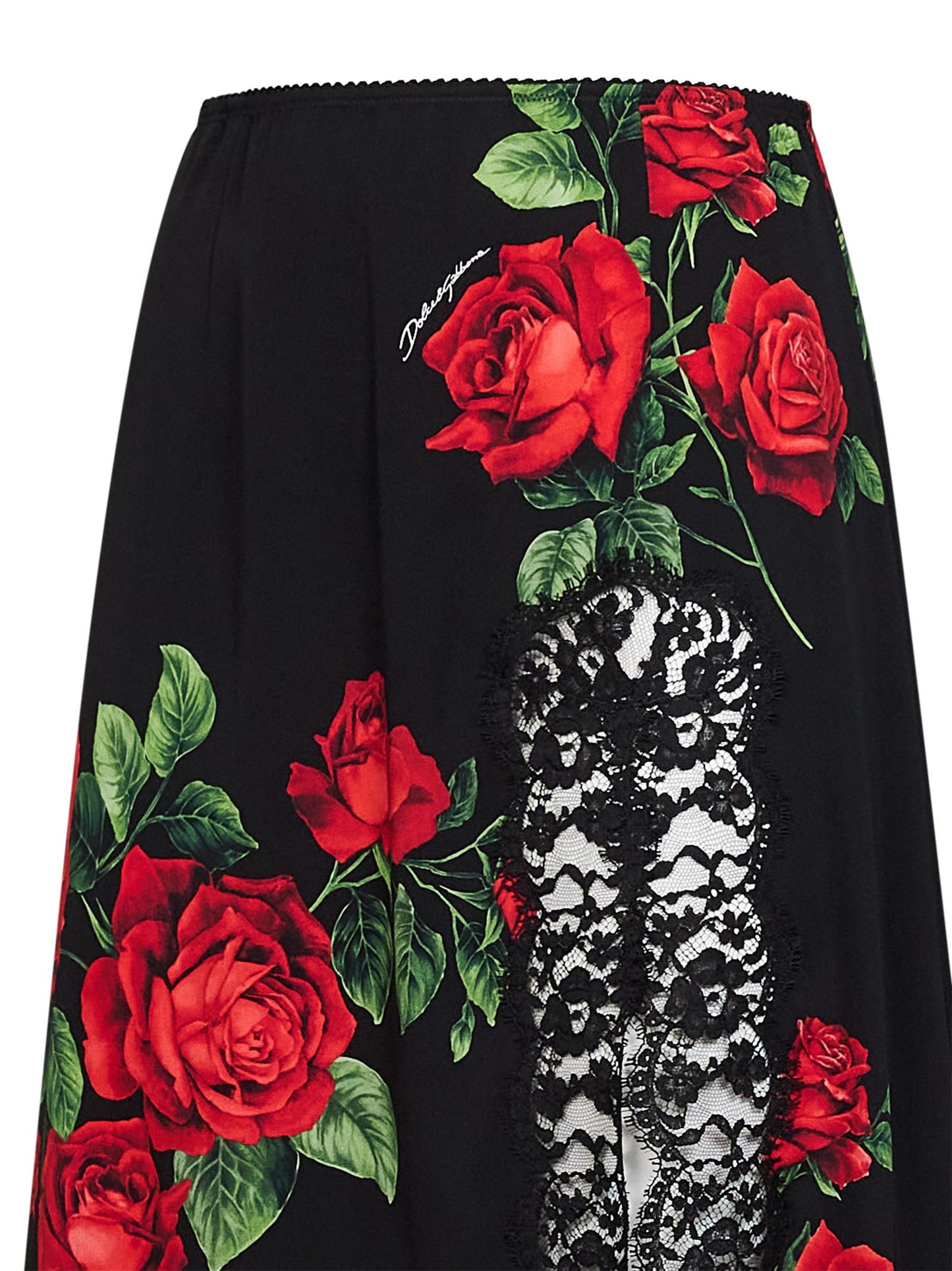 Black Rose-print silk-blend and black flared midi skirt