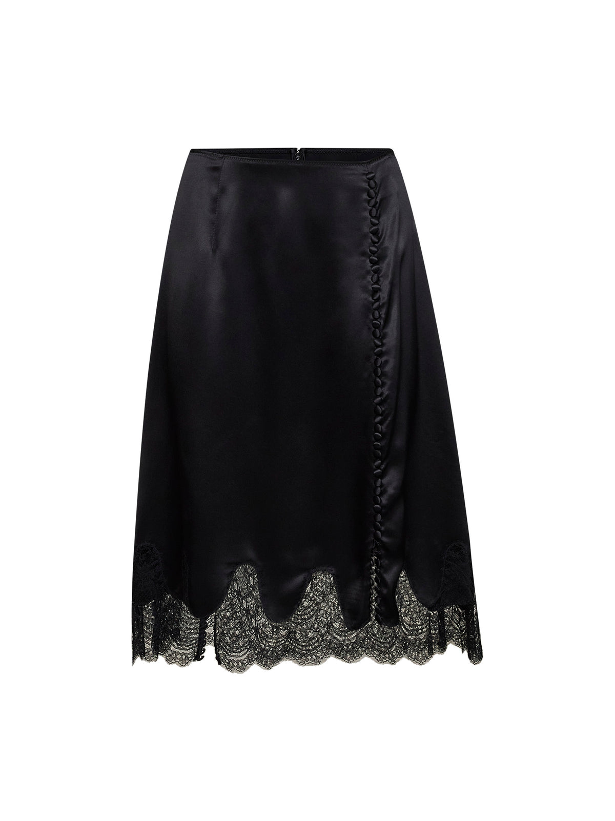 Gonna midi in raso nero con inserti in pizzo