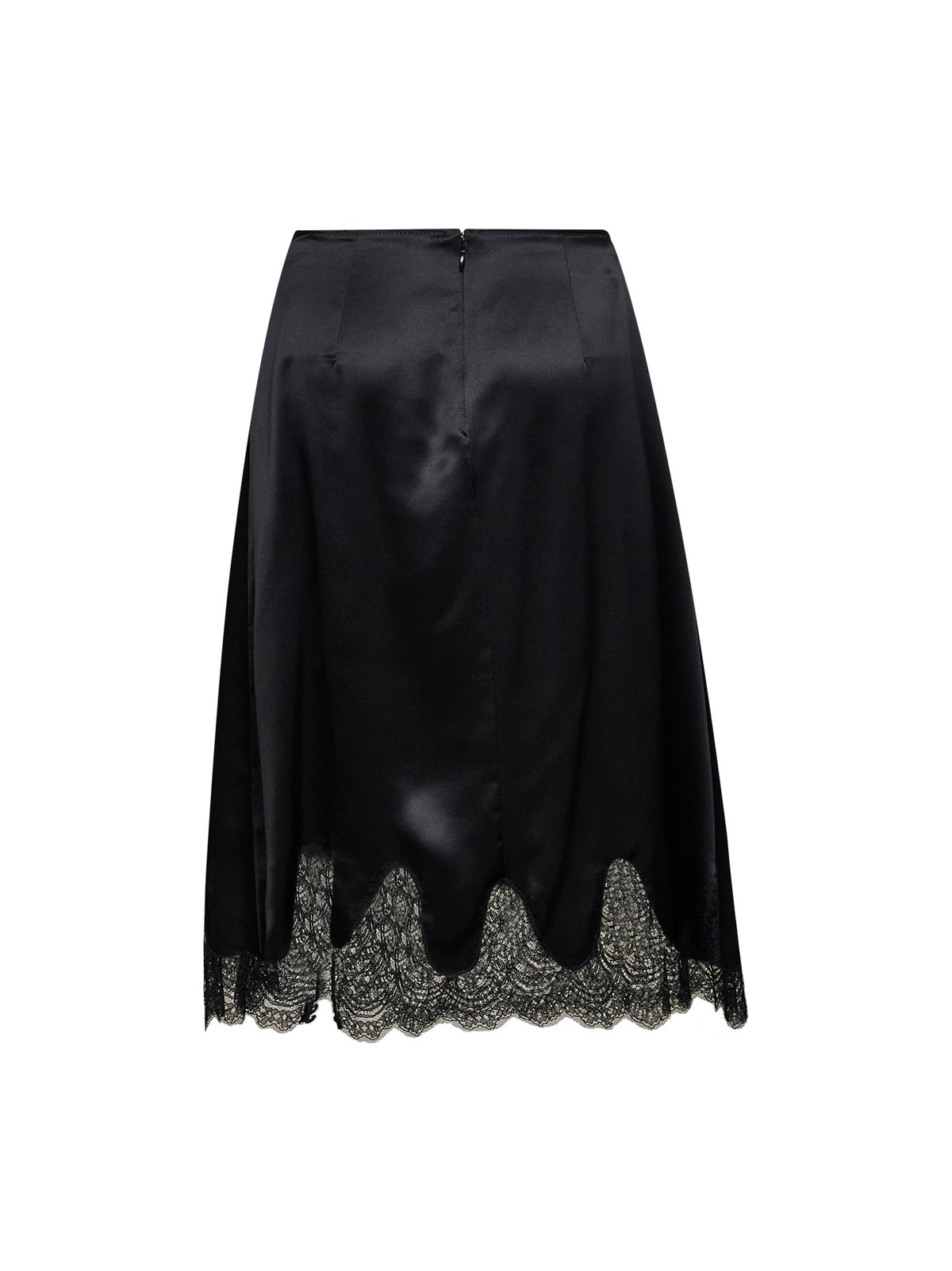 Gonna midi in raso nero con inserti in pizzo