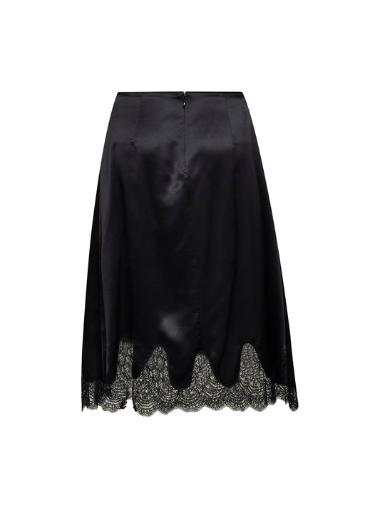 Gonna midi in raso nero con inserti in pizzo