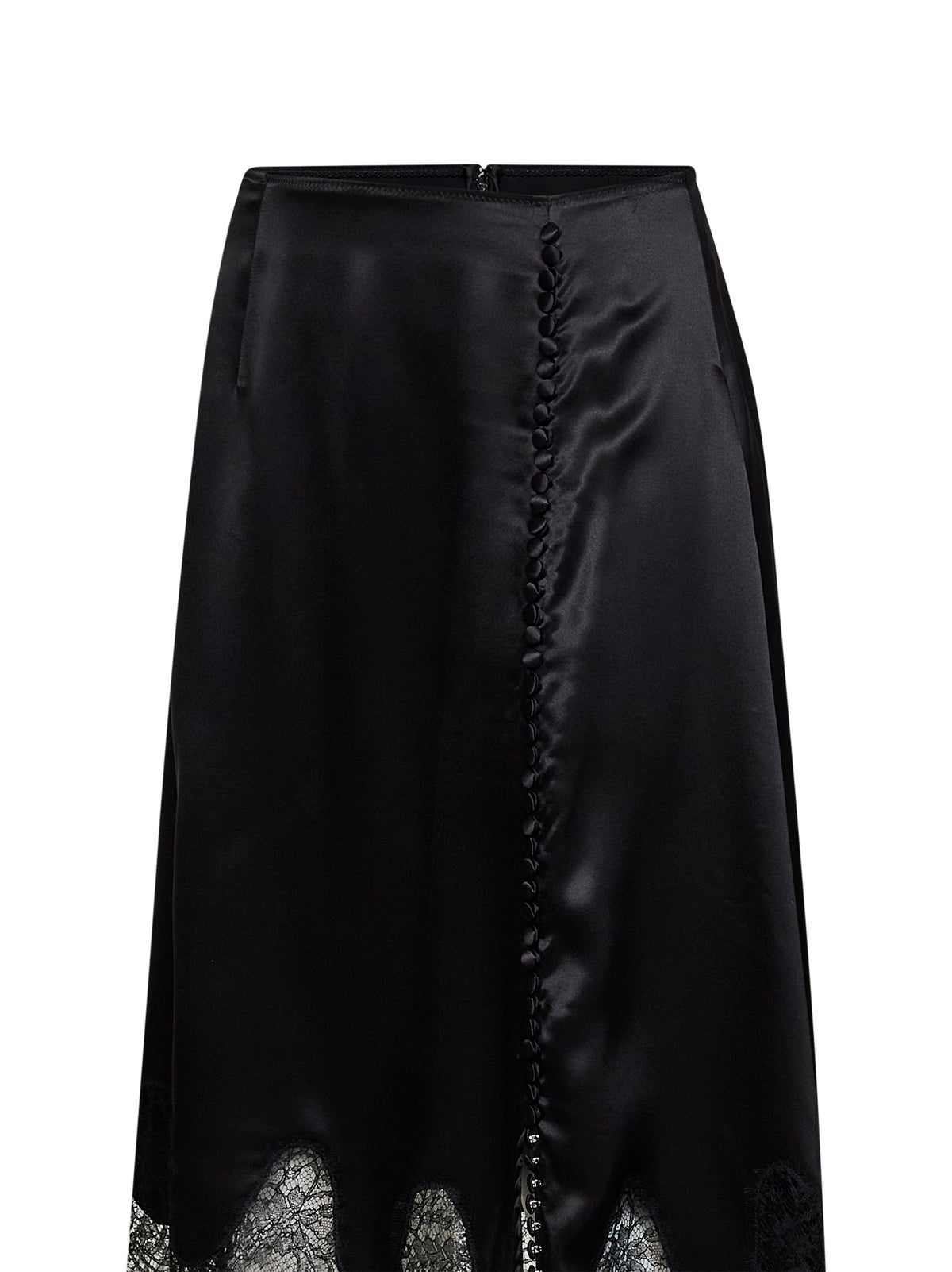 Gonna midi in raso nero con inserti in pizzo