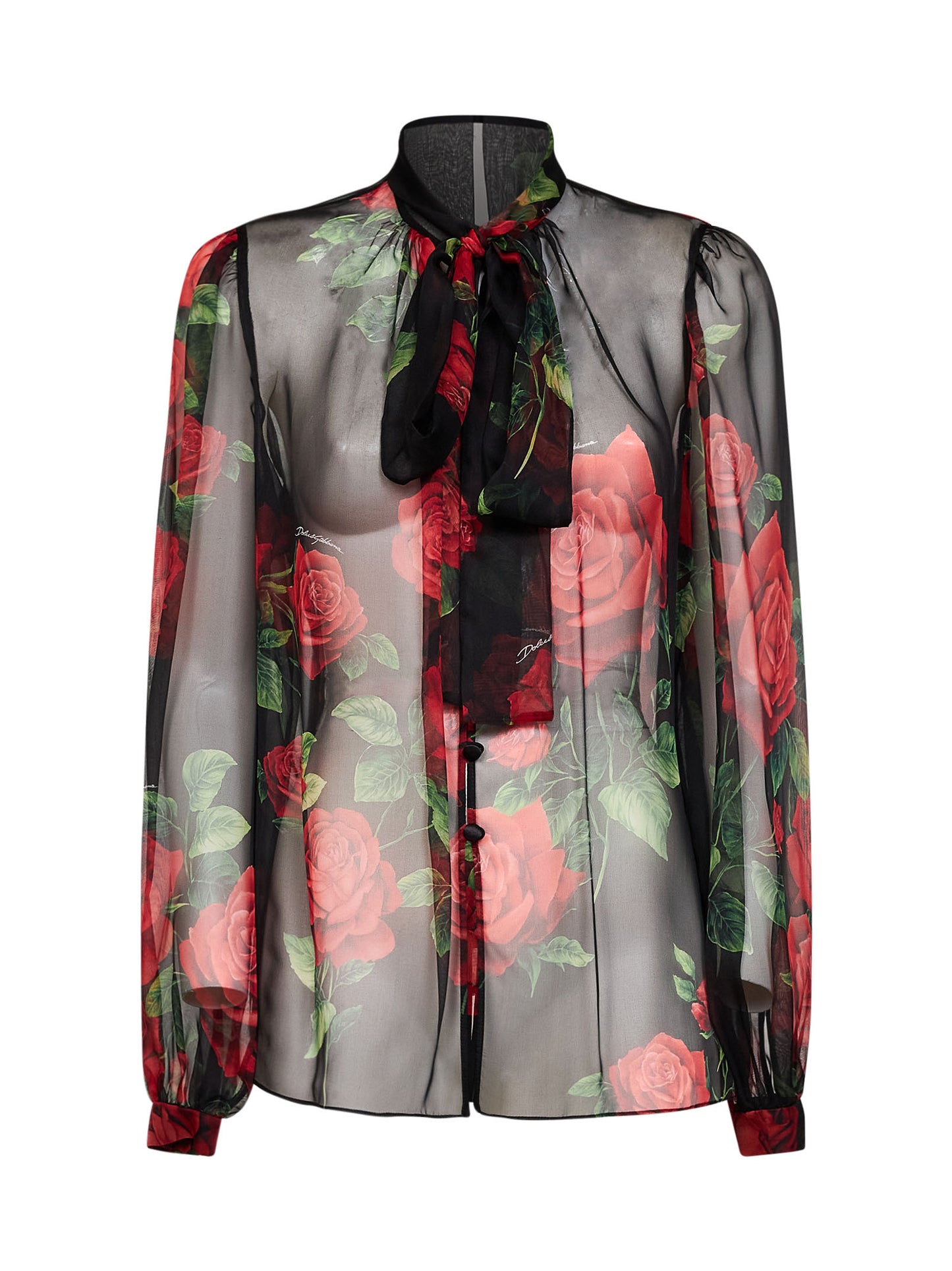 Blusa in chiffon di seta nero stampa Rose