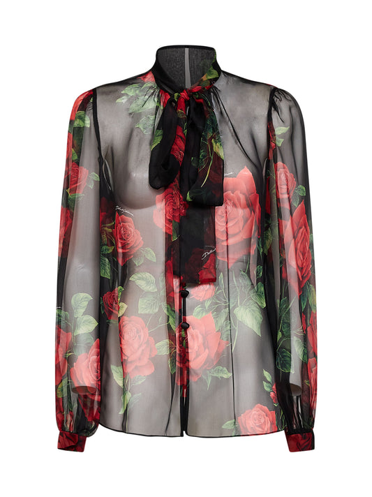 Black Rose-print silk chiffon blouse