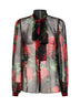 Blusa in chiffon di seta nero stampa Rose