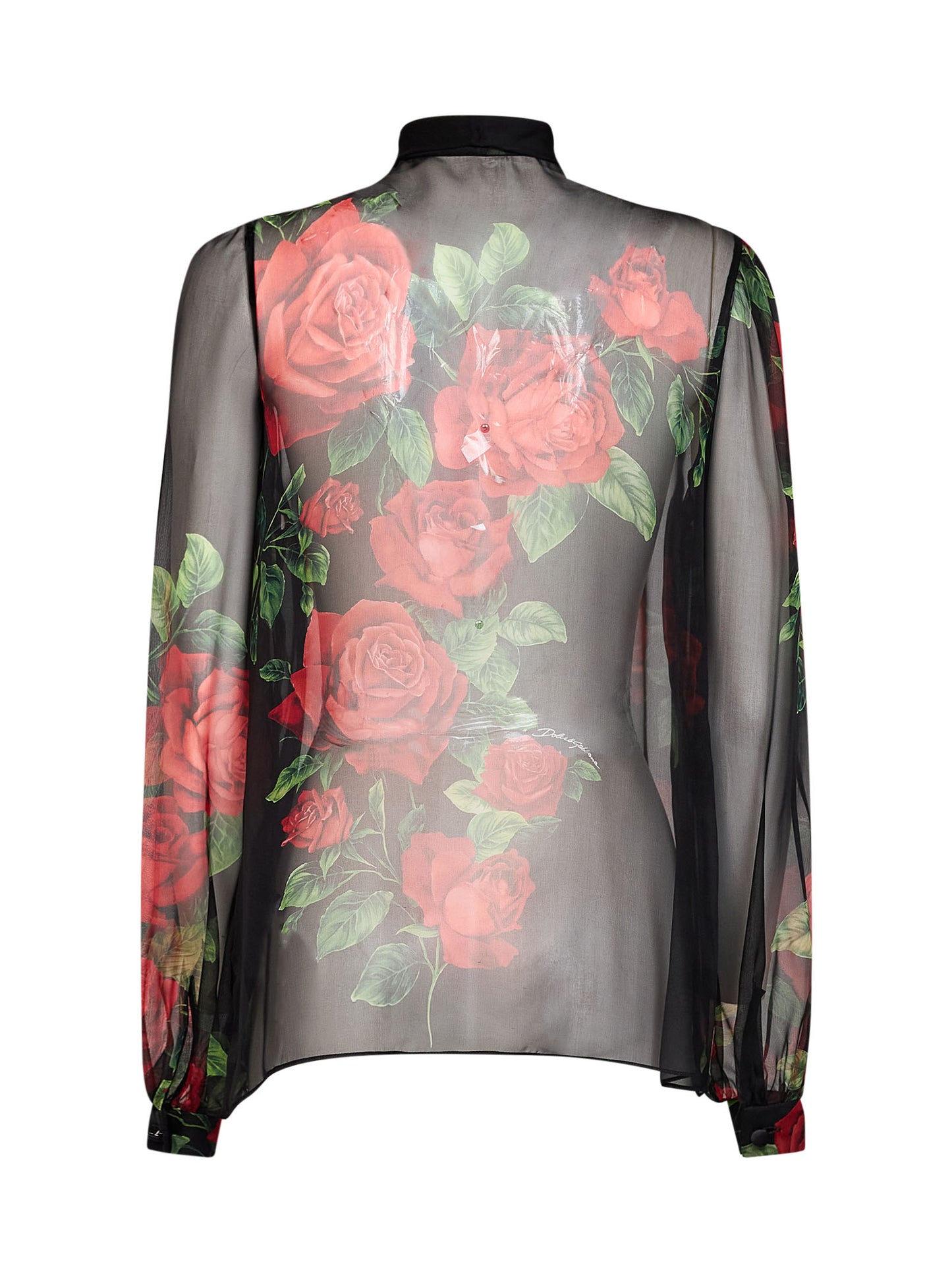 Blusa in chiffon di seta nero stampa Rose