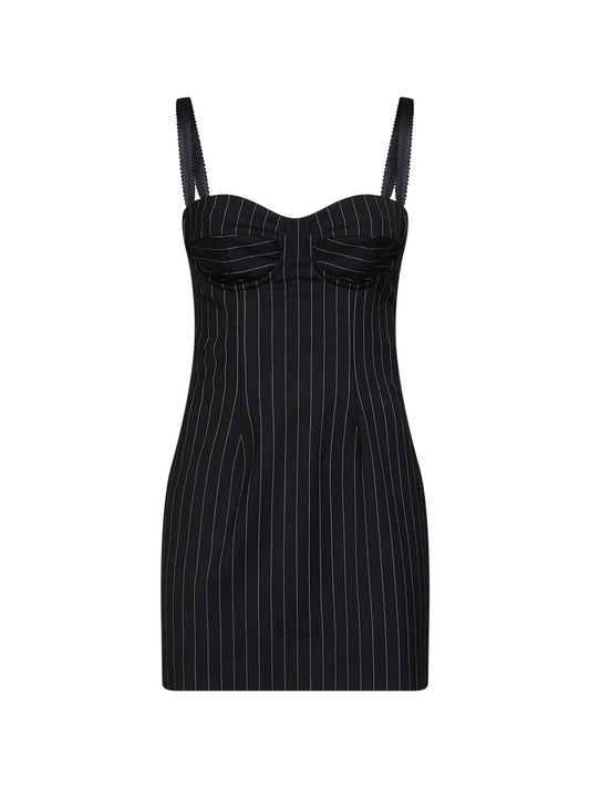 Black stretch pinstriped wool bustier mini dress