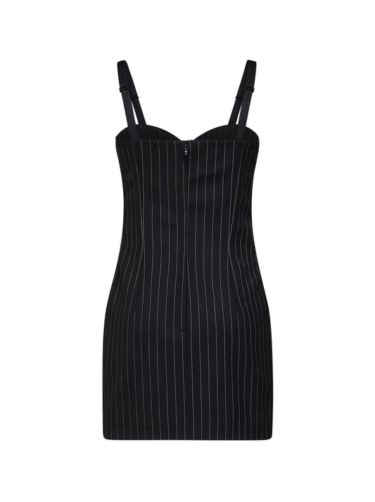 Black stretch pinstriped wool bustier mini dress