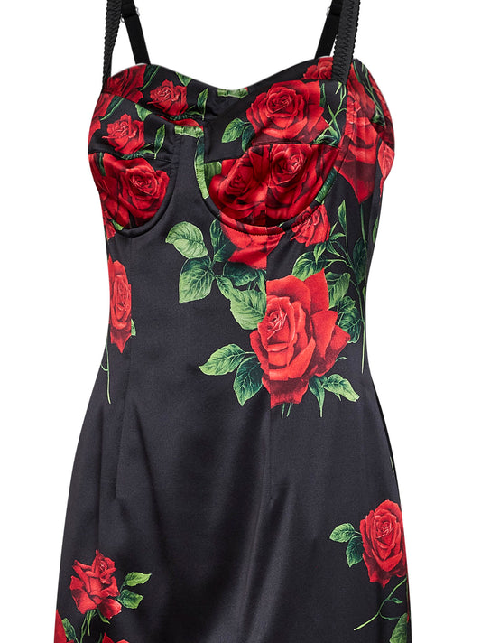 Abito bustier midi in raso stretch stampa Rose nero