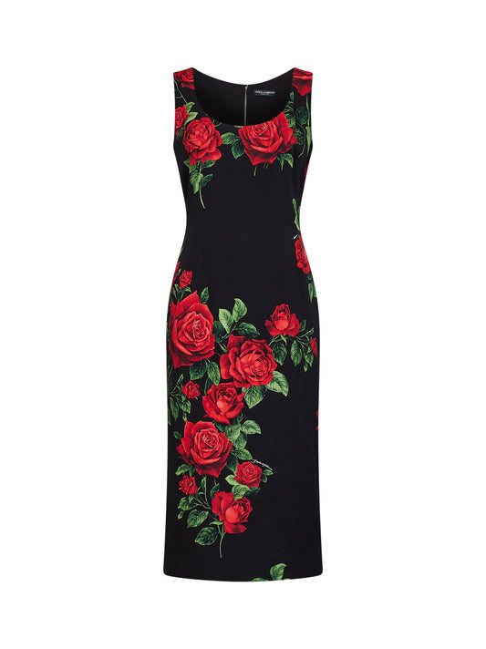 Black Rose-print stretch charmeuse midi sheath dress
