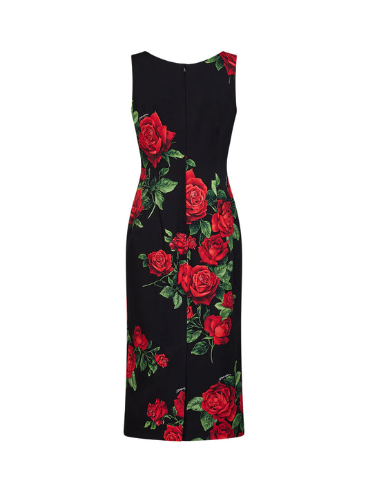 Black Rose-print stretch charmeuse midi sheath dress