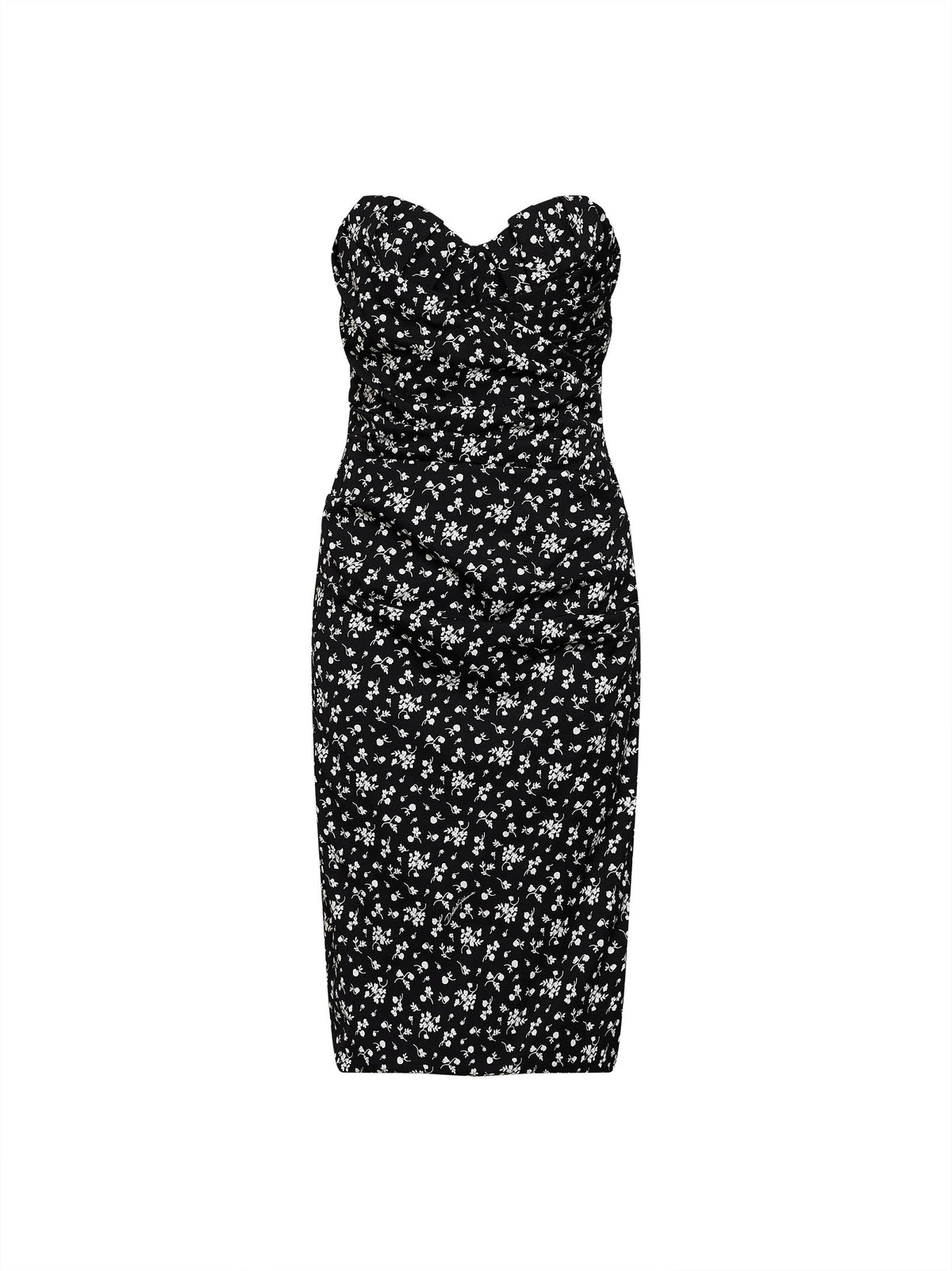 Abito bustier midi in charmeuse stampa Fiorellini nero