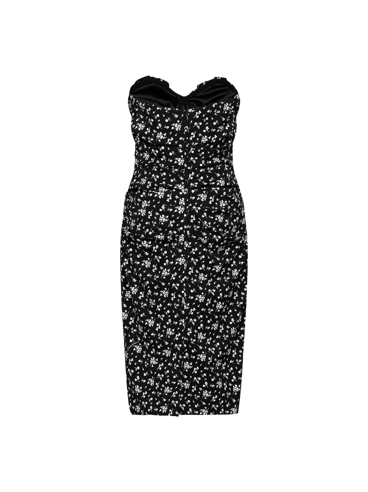Abito bustier midi in charmeuse stampa Fiorellini nero