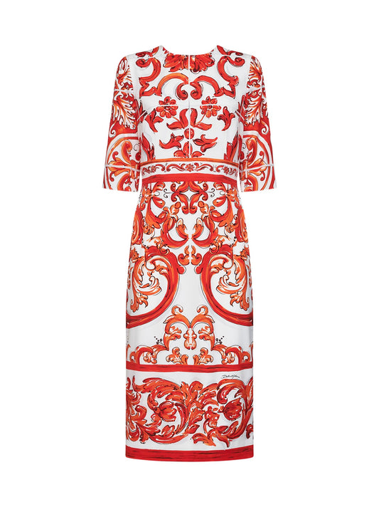 Orange Maiolica-print stretch silk charmeuse midi dress
