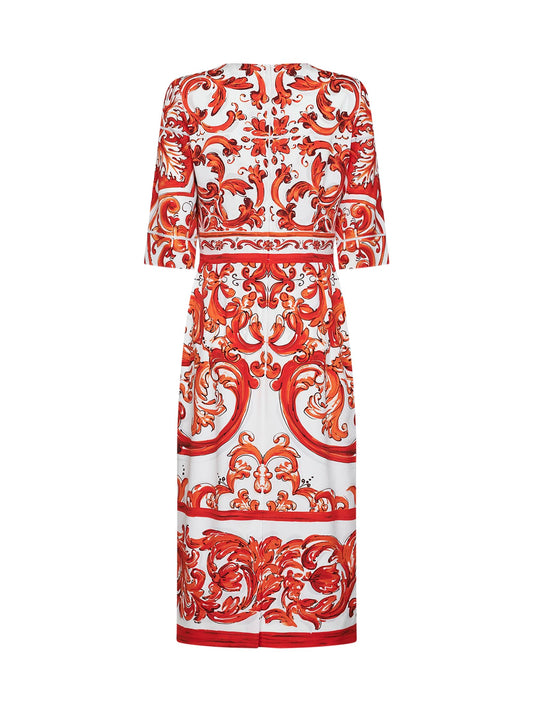 Orange Maiolica-print stretch silk charmeuse midi dress