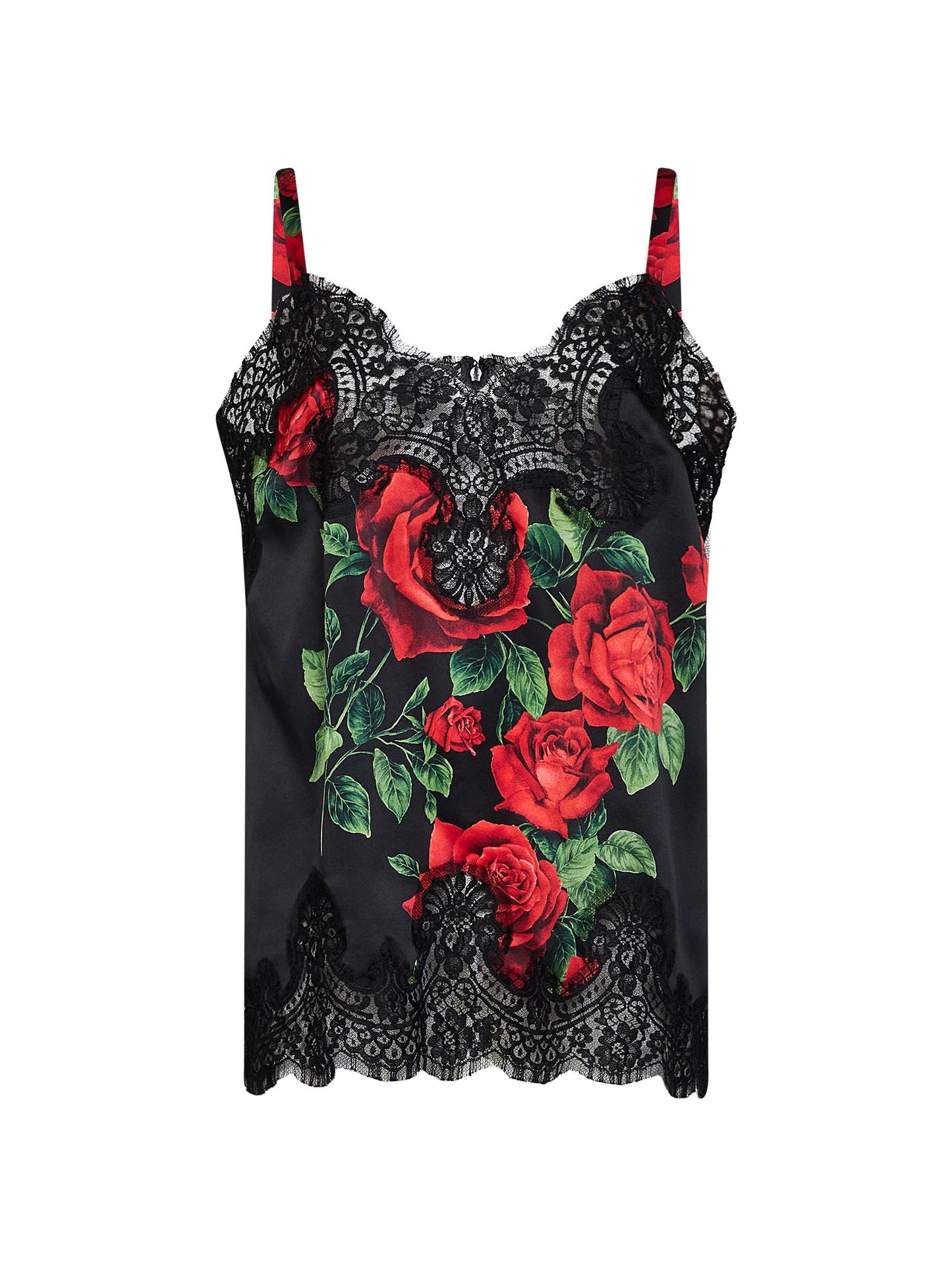 Black Rose-print silk satin top with lace