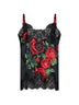 Black Rose-print silk satin top with lace