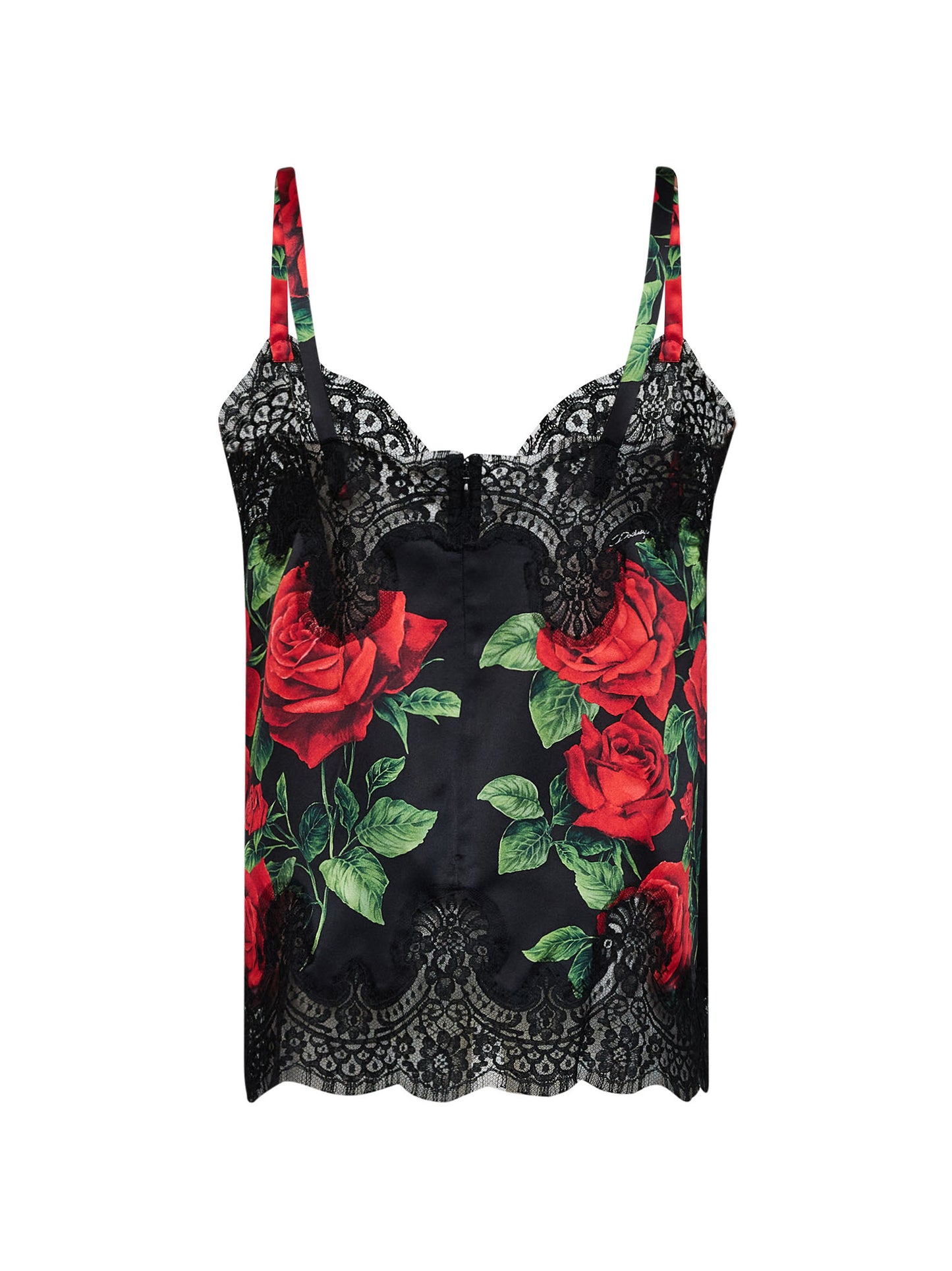 Black Rose-print silk satin top with lace