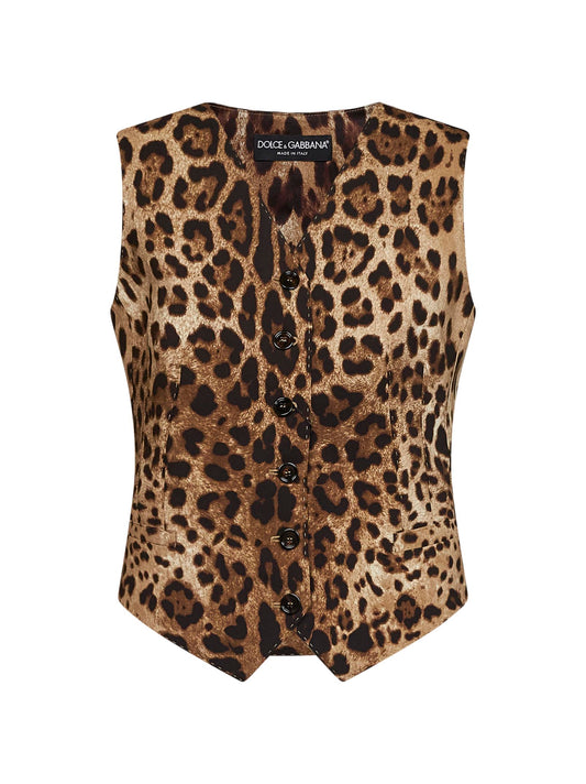 Gilet monopetto in lana e seta stretch stampa Leo
