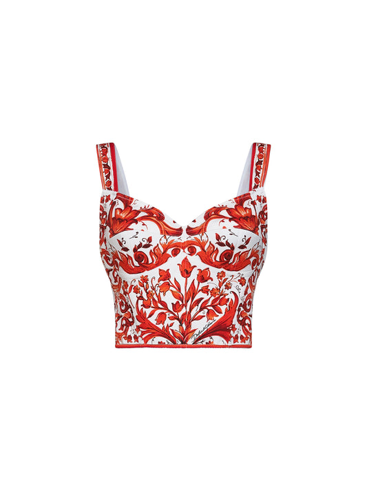 Orange Maiolica-print charmeuse bustier top