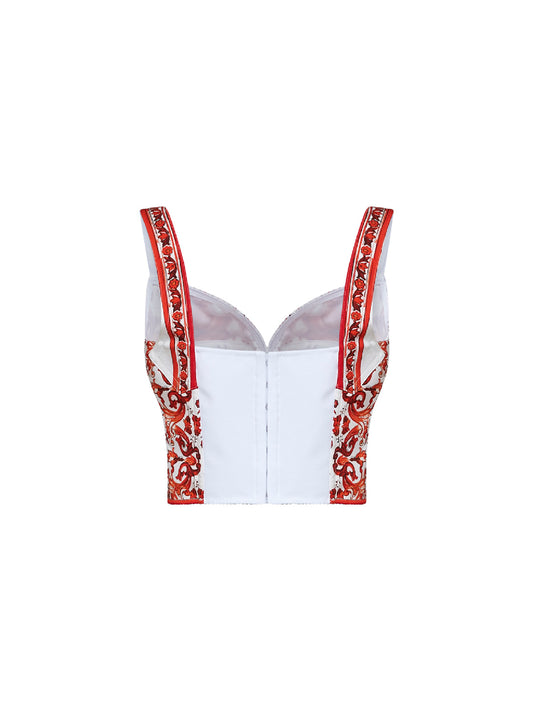 Orange Maiolica-print charmeuse bustier top