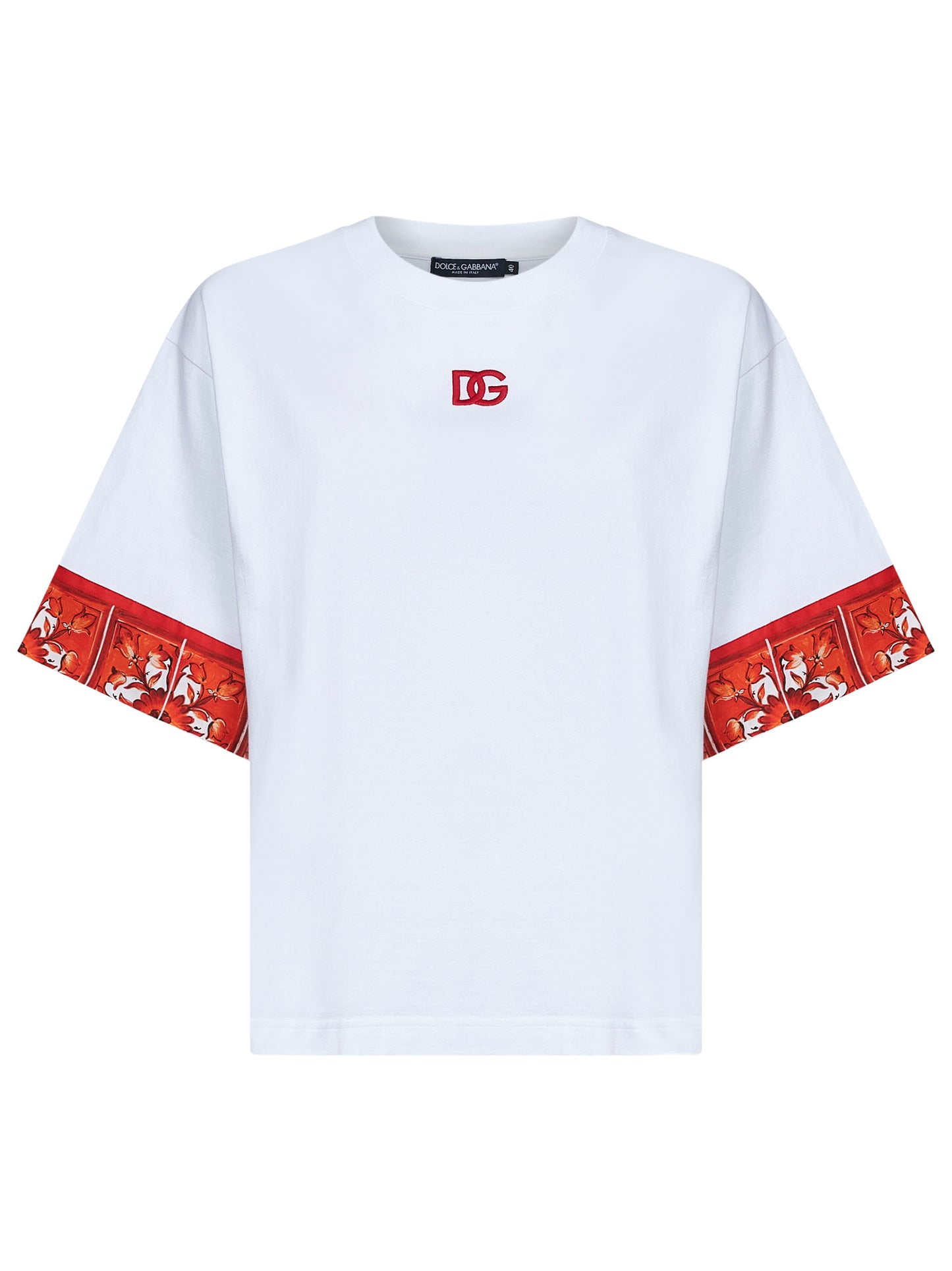 T-shirt in jersey bianco con foulard stampa Maiolica