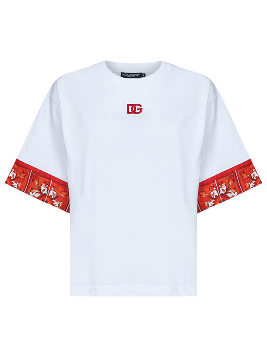 White jersey T-shirt with Maiolica-print scarf