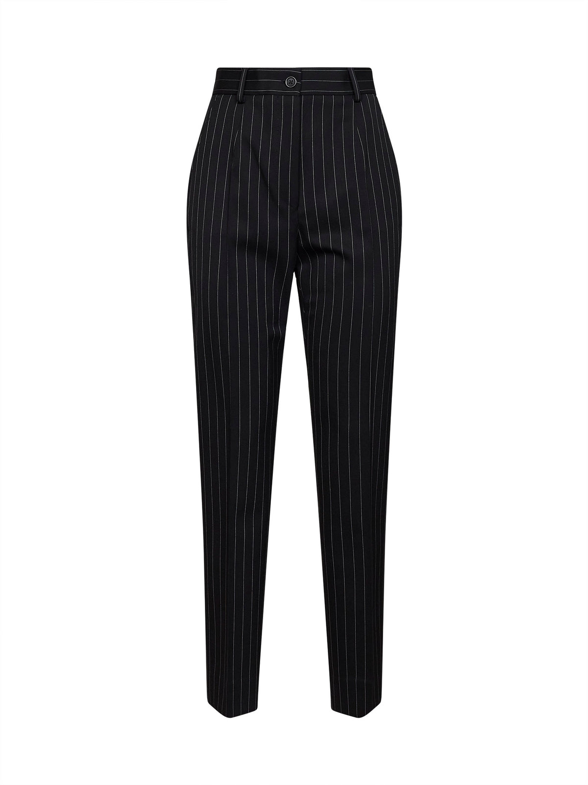Black pinstriped stretch wool cigarette trousers