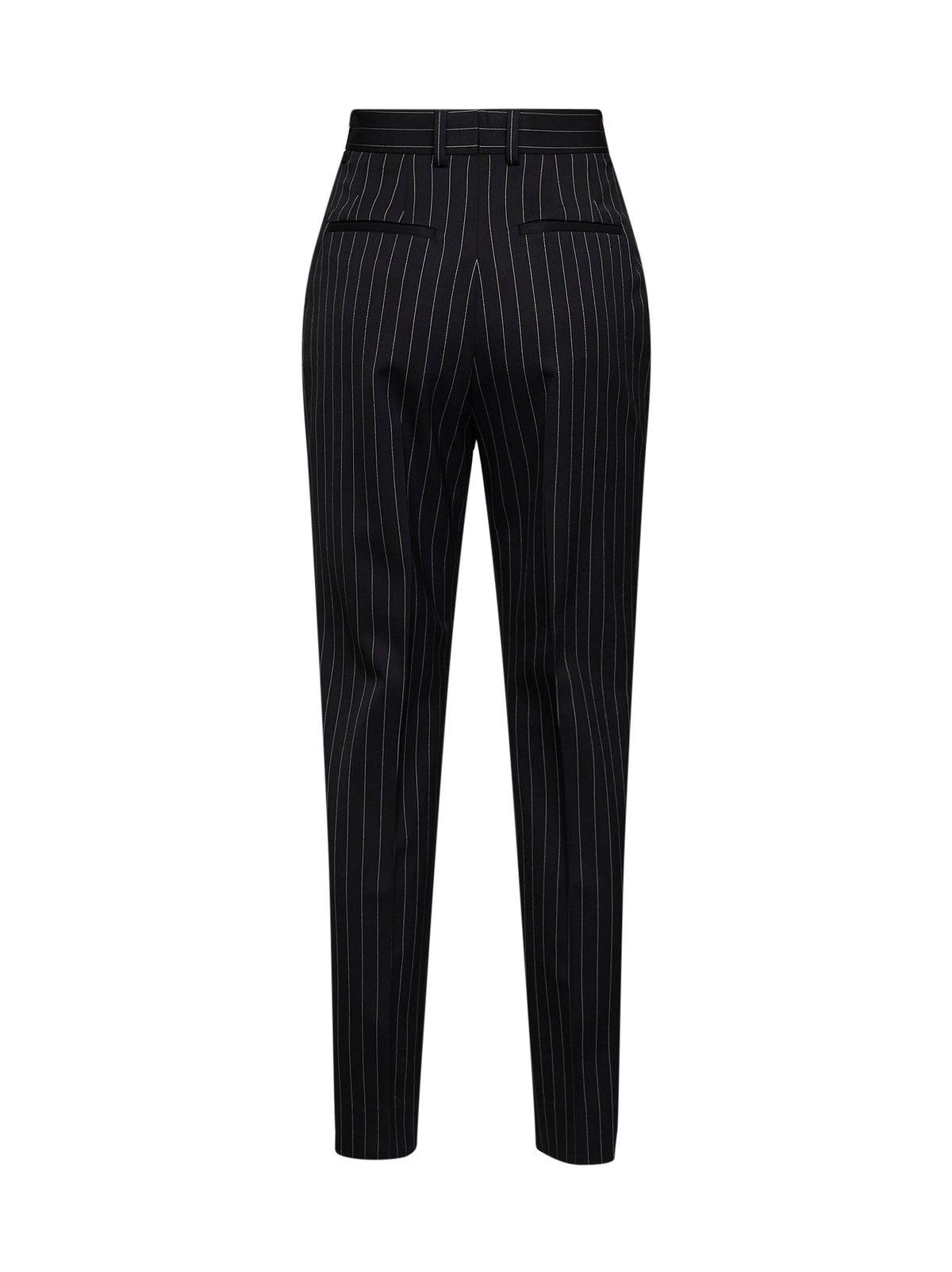 Black pinstriped stretch wool cigarette trousers