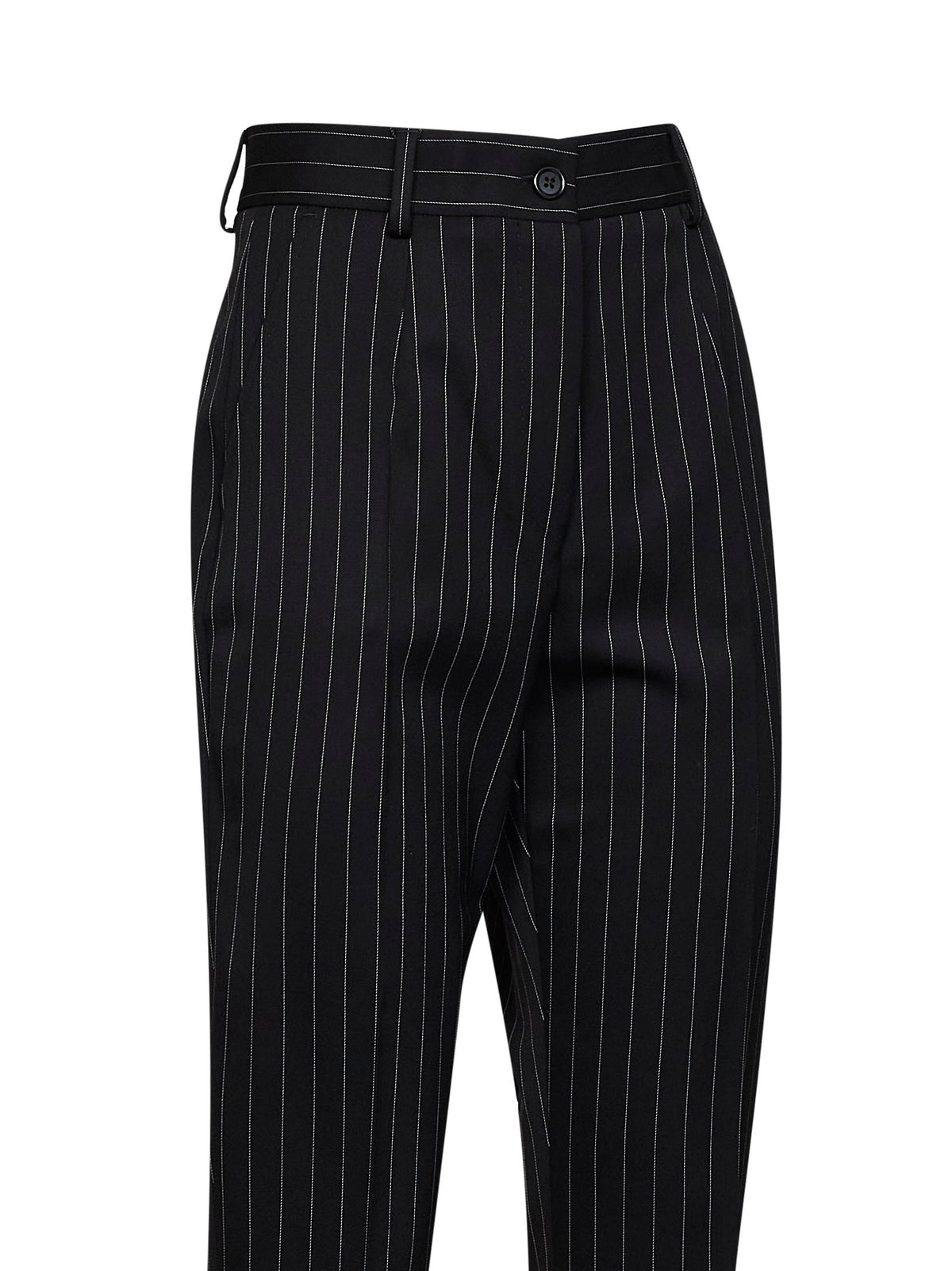 Black pinstriped stretch wool cigarette trousers